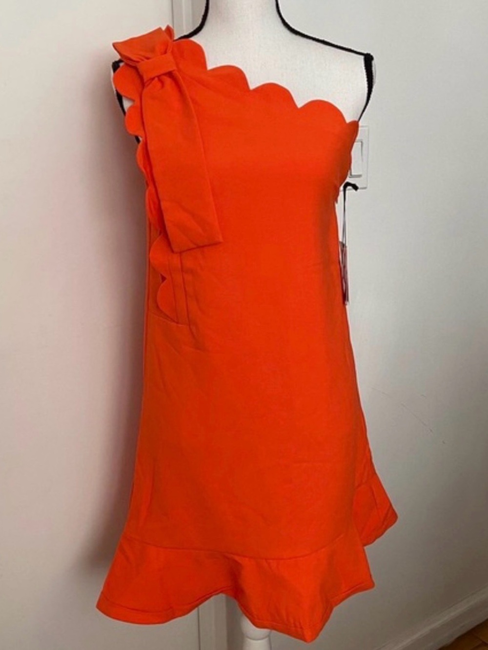 0037 Victoria Beckham One-Shoulder Scalloped Bow Dress in Bright Orange